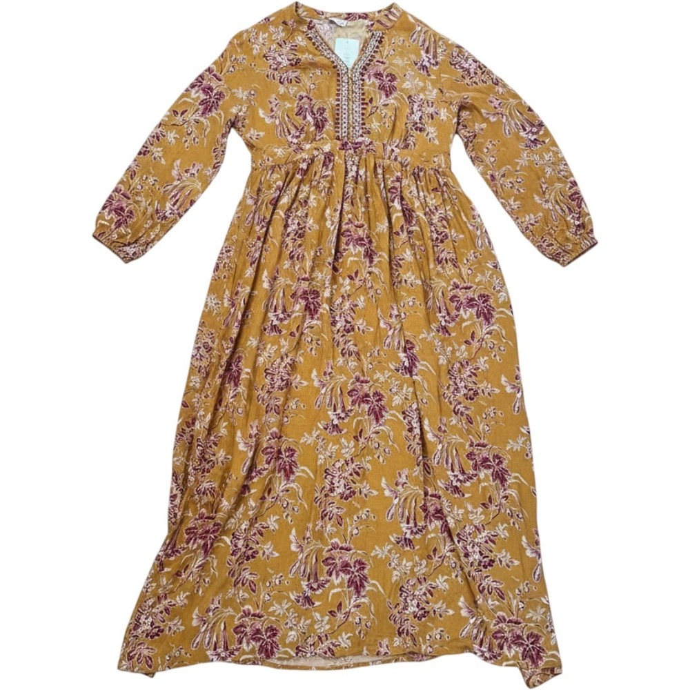 Wonderly Womens Gold Floral Long Sleeve Maxi Dress Embroidered V-Neck Size M NWT